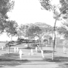 imatge en blanc i negre d'una projecció virtual d'un passeig marítim